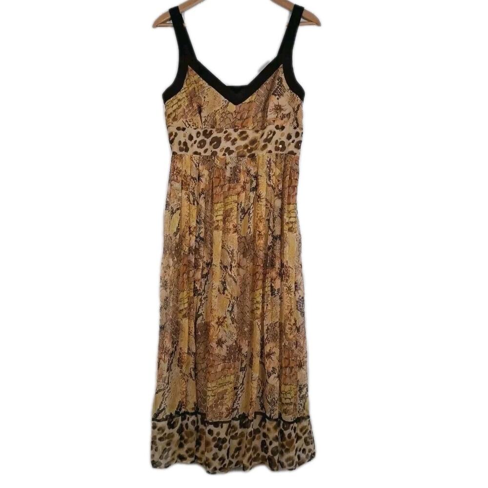 Robbie Bee Sleeveless Midi Dress Womens 12 100% Silk Mixed Animal Print Babydoll